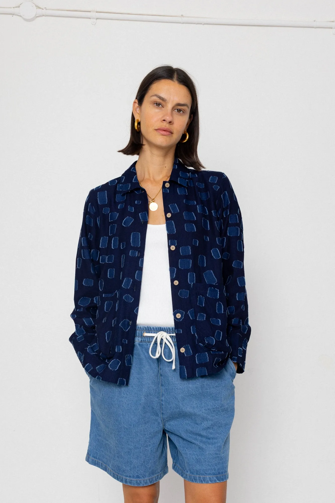 Pleated Shirt - Indigo Irregular Dot sold by Folk
