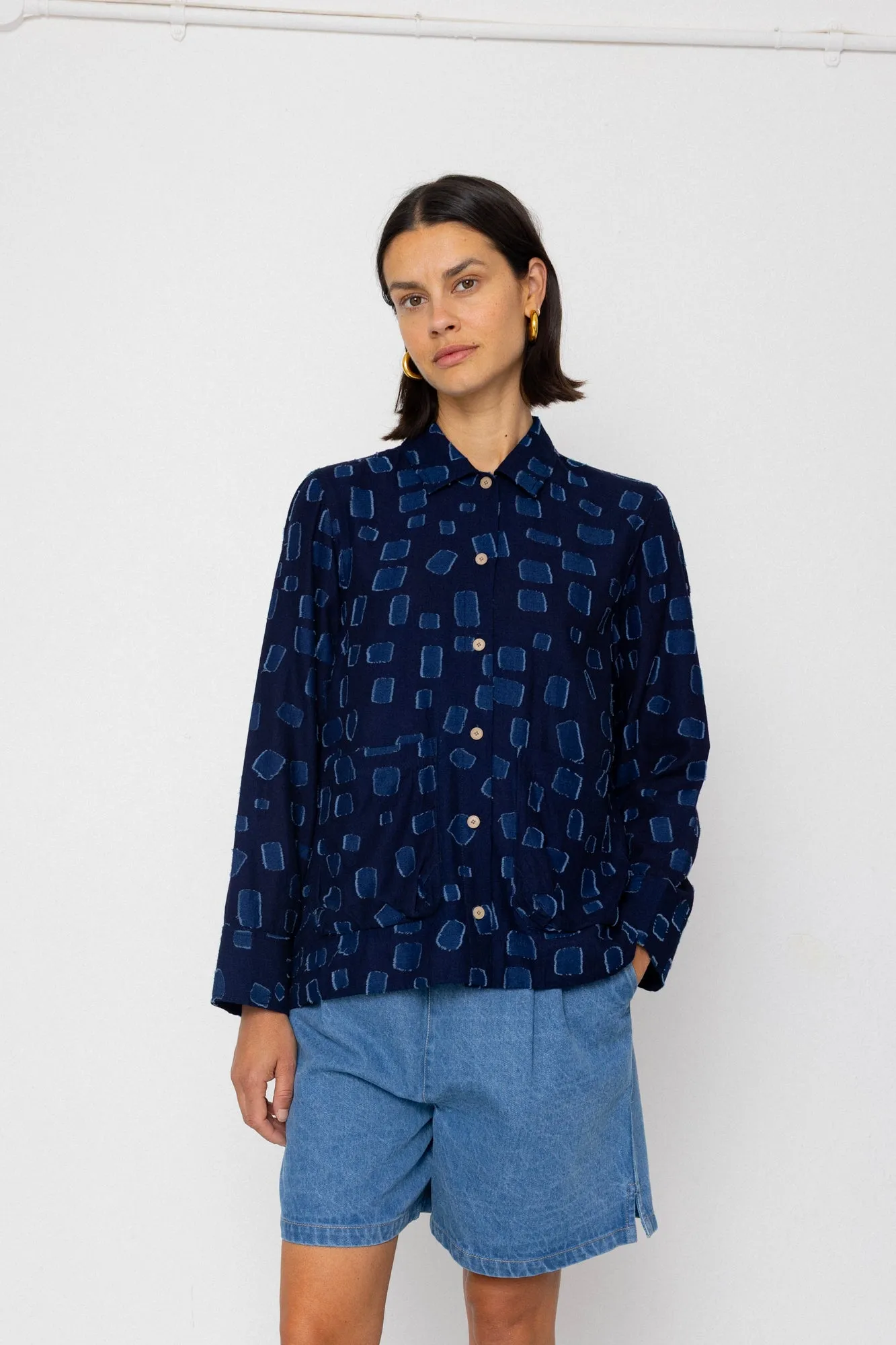 Pleated Shirt - Indigo Irregular Dot sold by Folk product image thumbnail 3