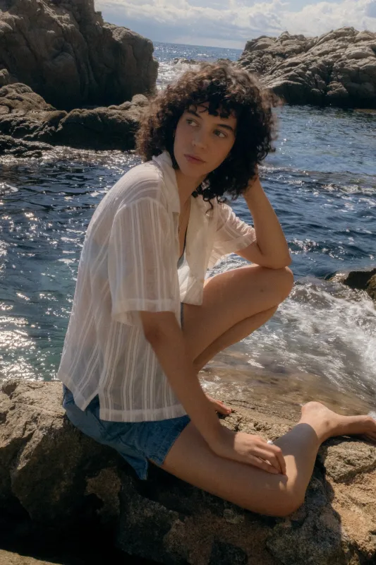 Short Sleeve Soft Collar Shirt - Off White Dobby Stripe made by Folk