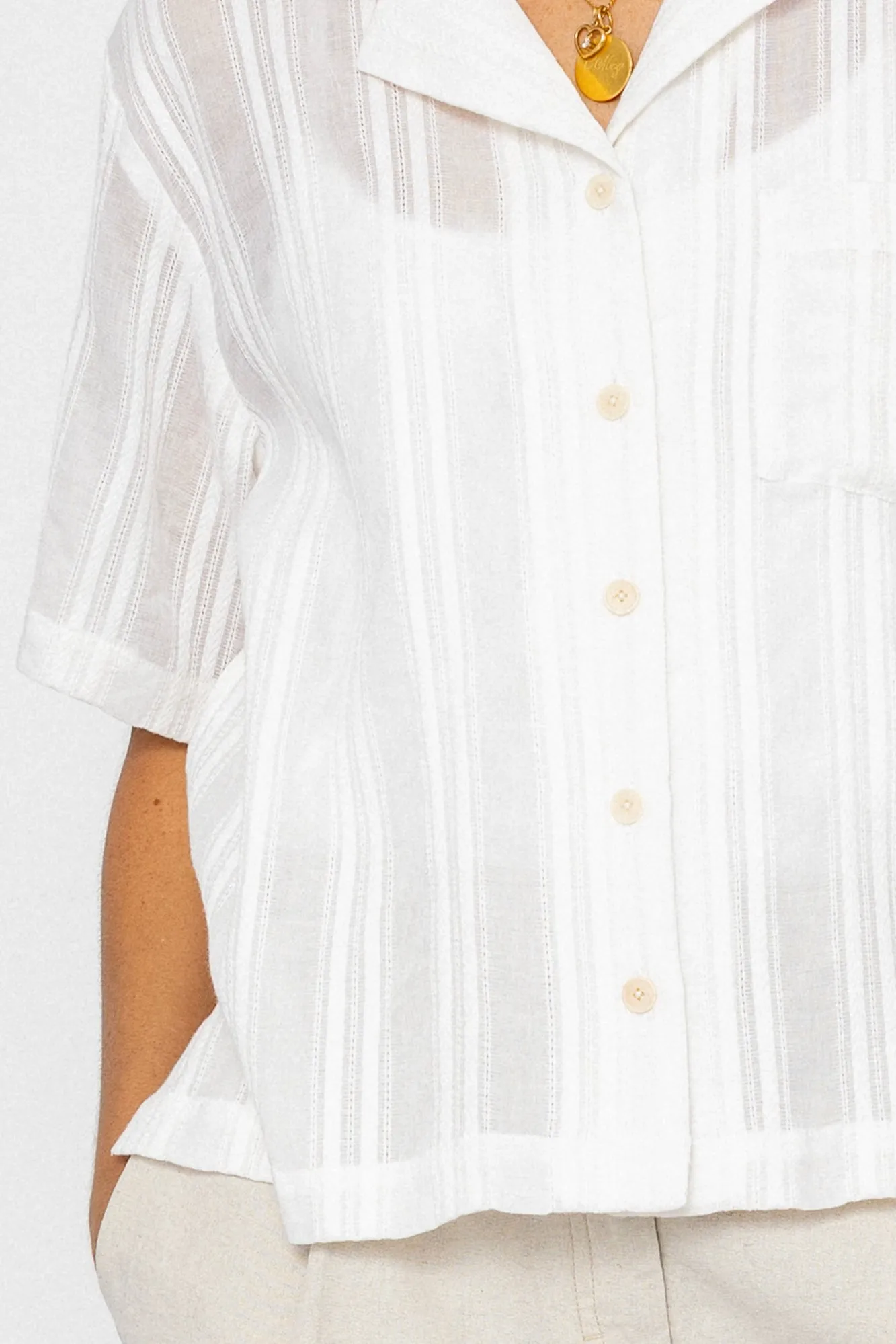 Short Sleeve Soft Collar Shirt - Off White Dobby Stripe sold by Folk product image thumbnail 4