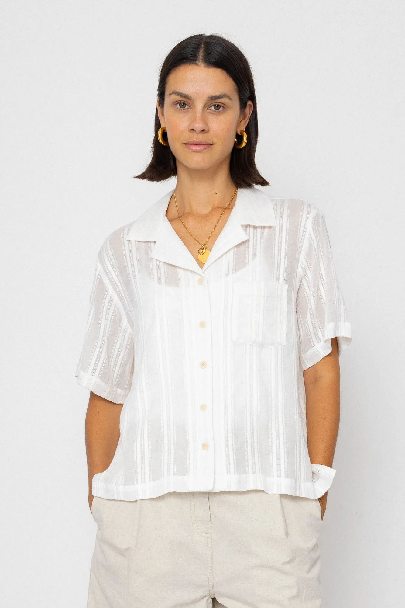 Short Sleeve Soft Collar Shirt - Off White Dobby Stripe sold by Folk product image thumbnail 2