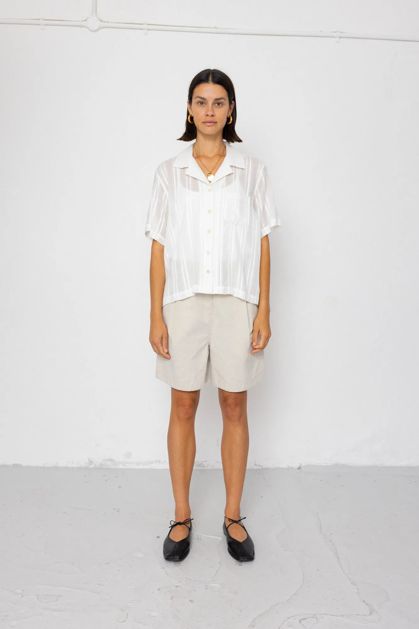 Short Sleeve Soft Collar Shirt - Off White Dobby Stripe sold by Folk product image thumbnail 3