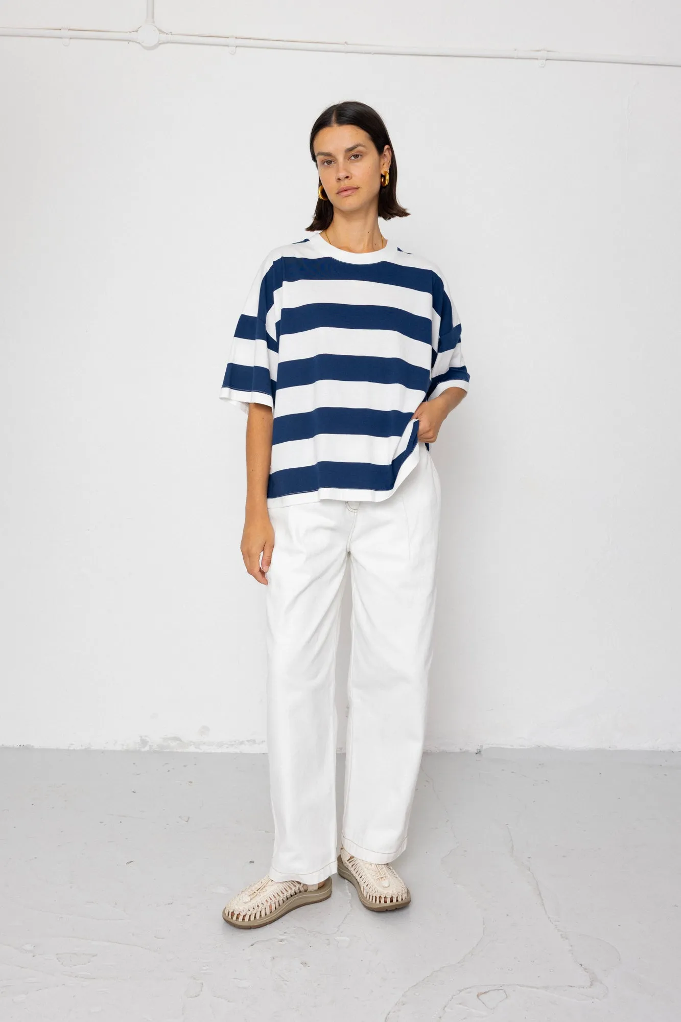 Boyfriend T-Shirt - Off White / Indigo Blue sold by Folk