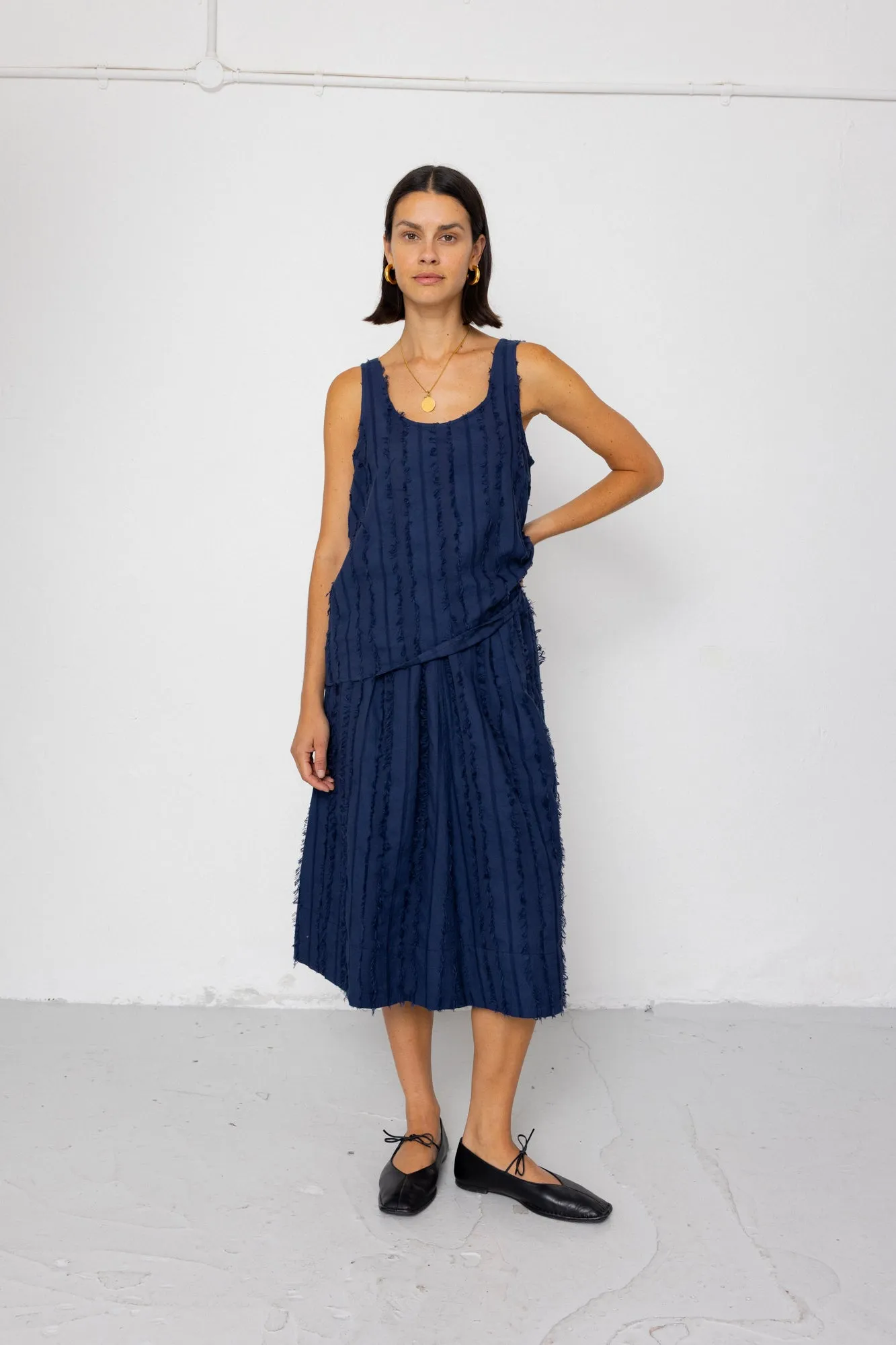 Pleated Scoop Back Vest - Dark Navy Cutwork Stripe sold by Folk
