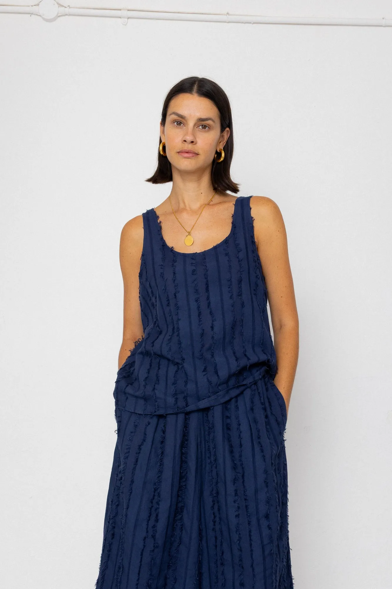 Pleated Scoop Back Vest - Dark Navy Cutwork Stripe sold by Folk product image thumbnail 2