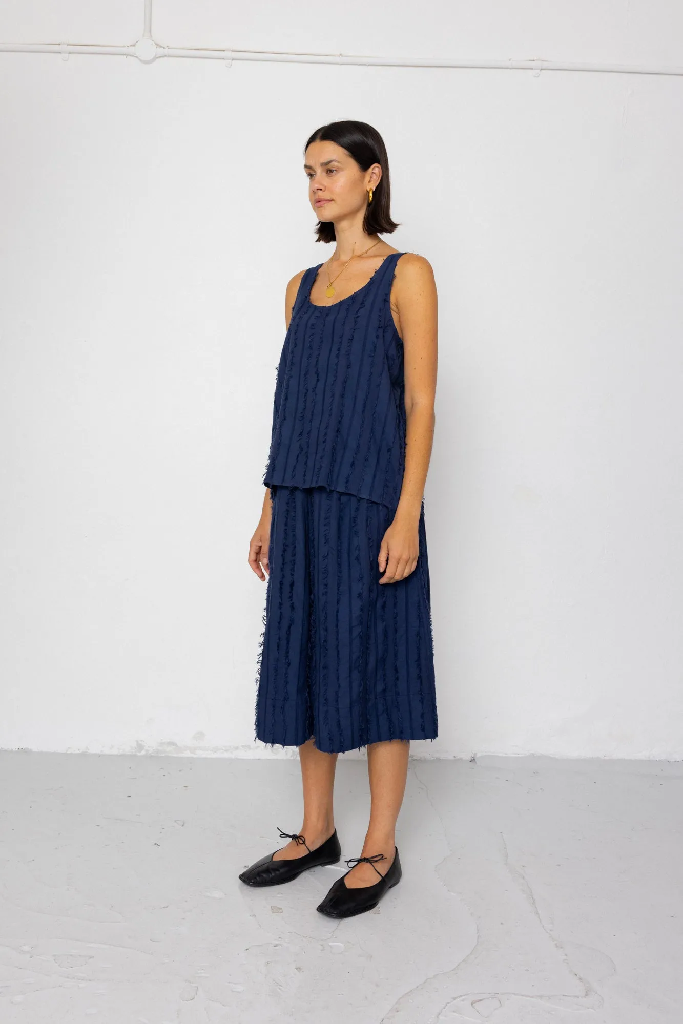 Pleated Scoop Back Vest - Dark Navy Cutwork Stripe sold by Folk product image thumbnail 3