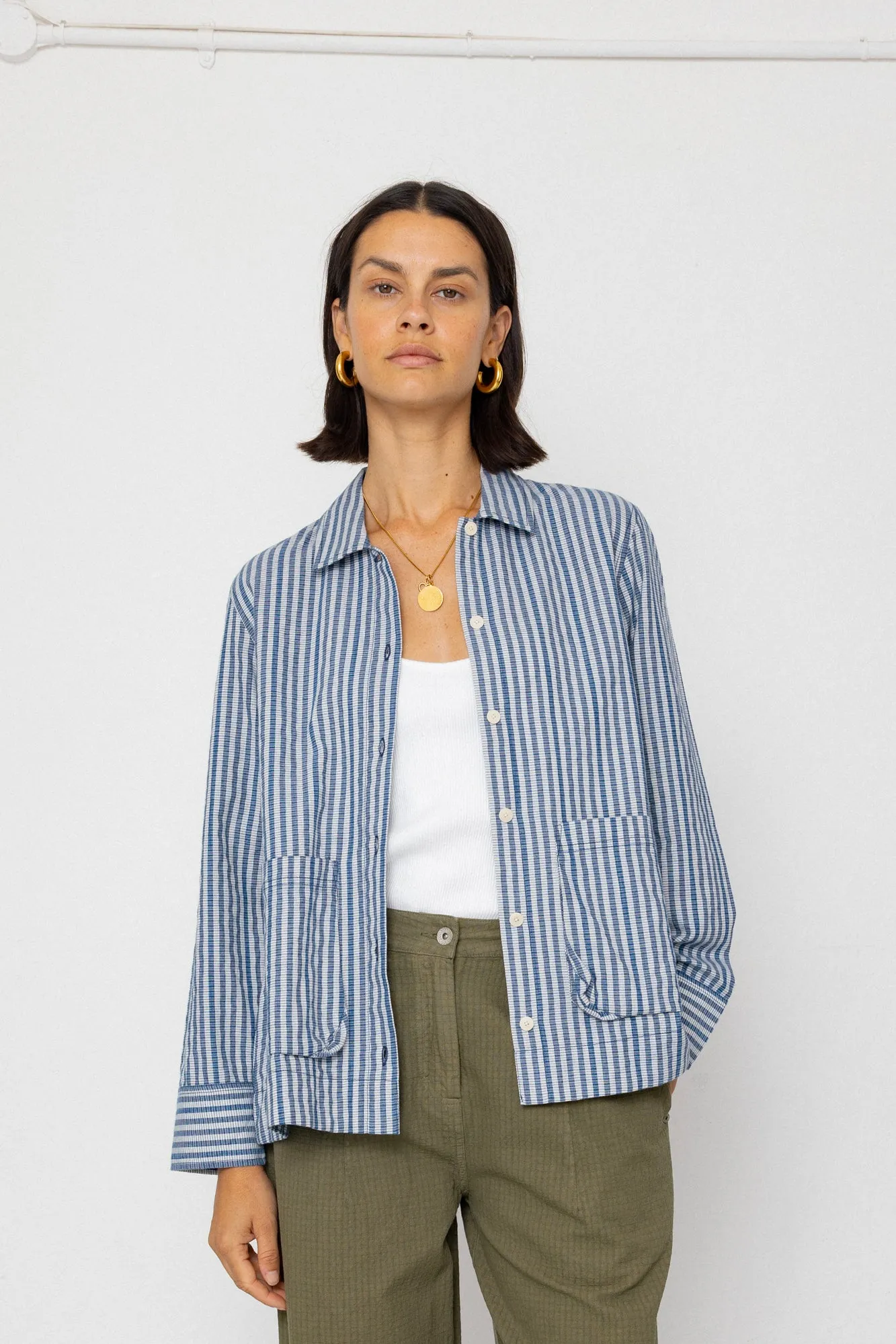 Pleated Shirt - Indigo Crinkle Mini Check sold by Folk product image thumbnail 5