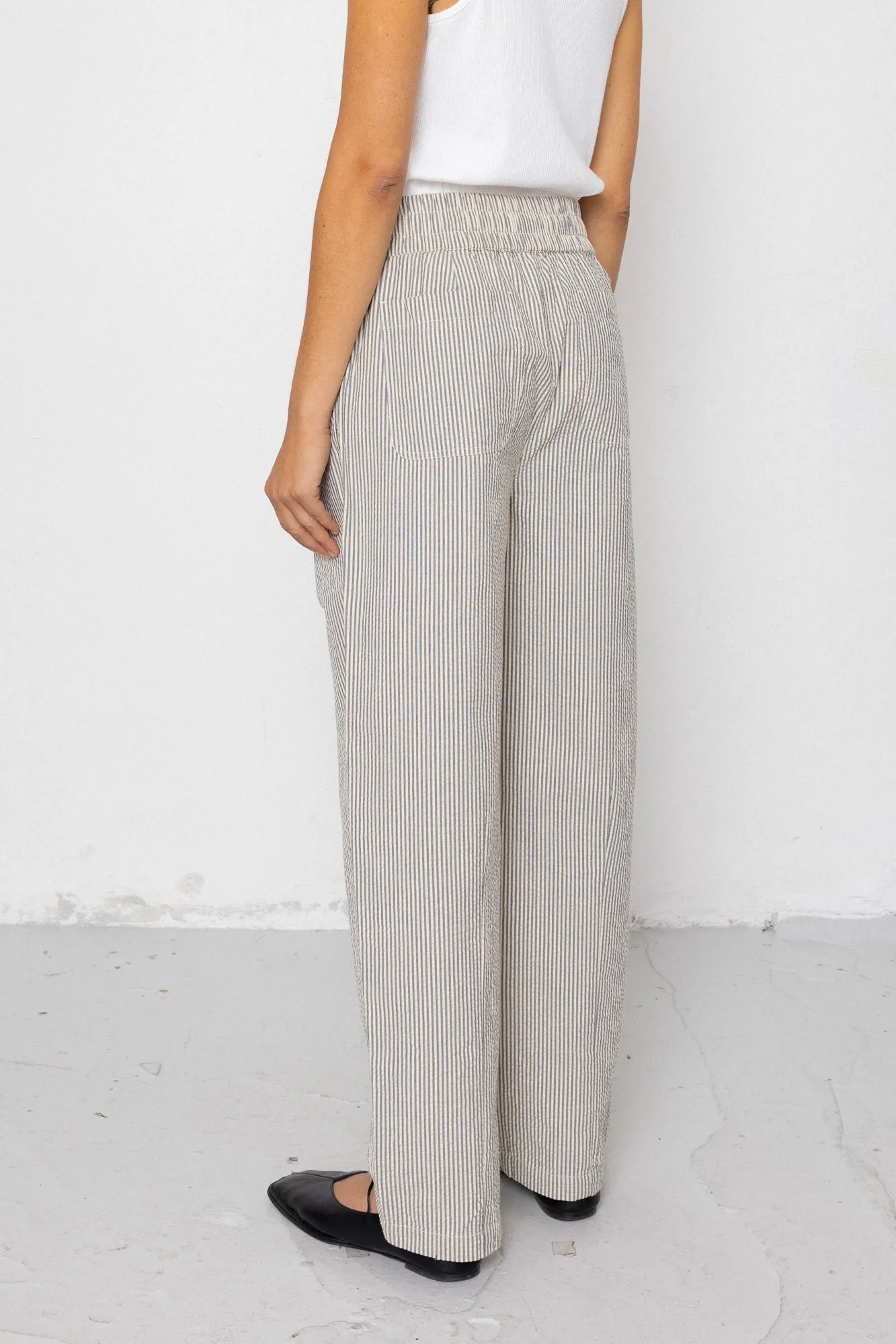 Drawcord Baggy Pants - Ecru Grey Stripe Seersucker sold by Folk product image thumbnail 3