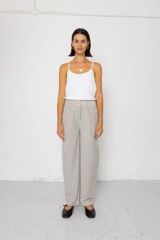 Drawcord Baggy Pants - Ecru Grey Stripe Seersucker made by Folk