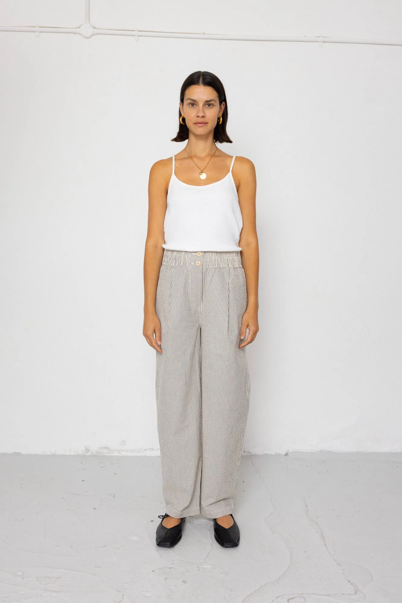 Drawcord Baggy Pants - Ecru Grey Stripe Seersucker sold by Folk