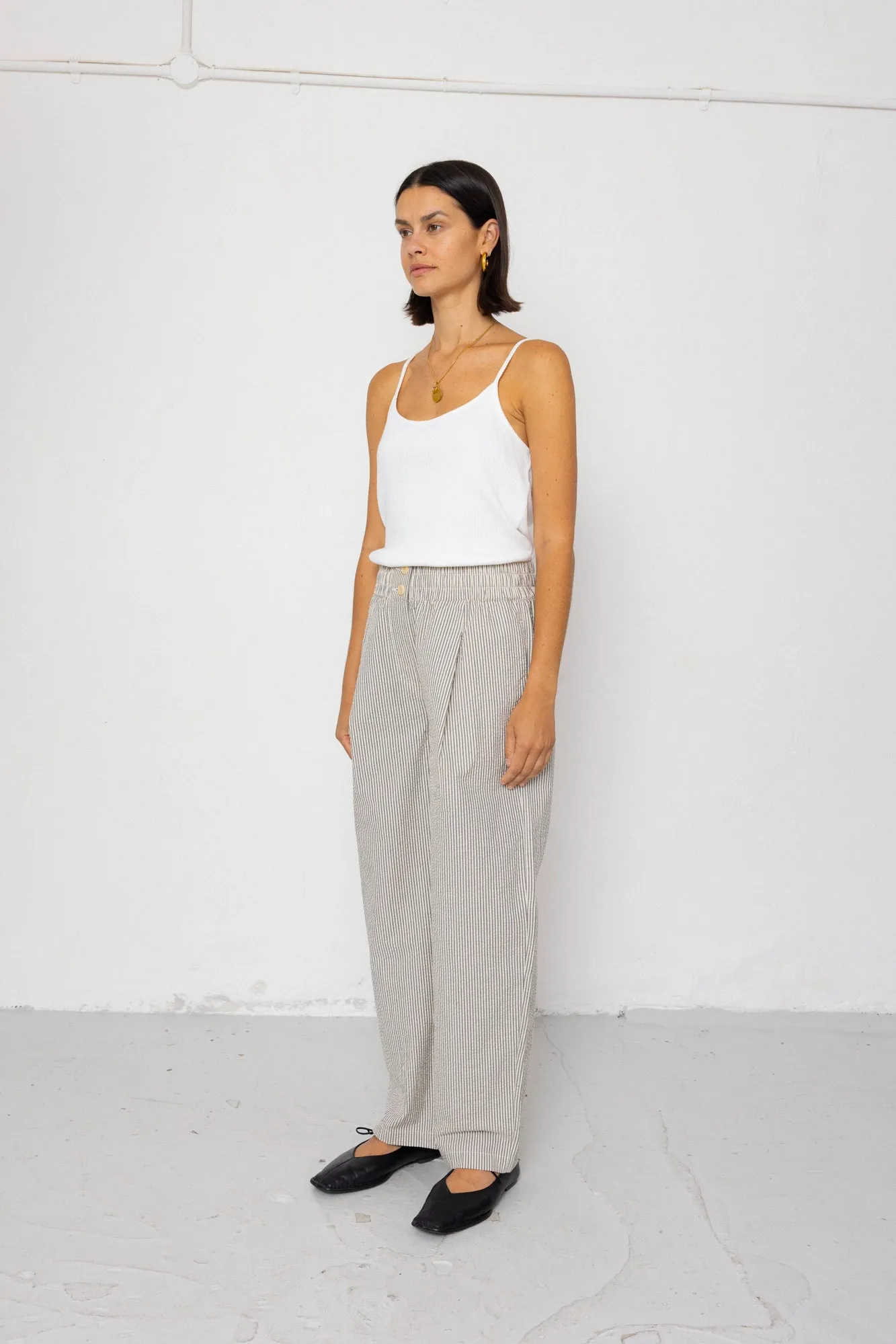 Drawcord Baggy Pants - Ecru Grey Stripe Seersucker sold by Folk product image thumbnail 4