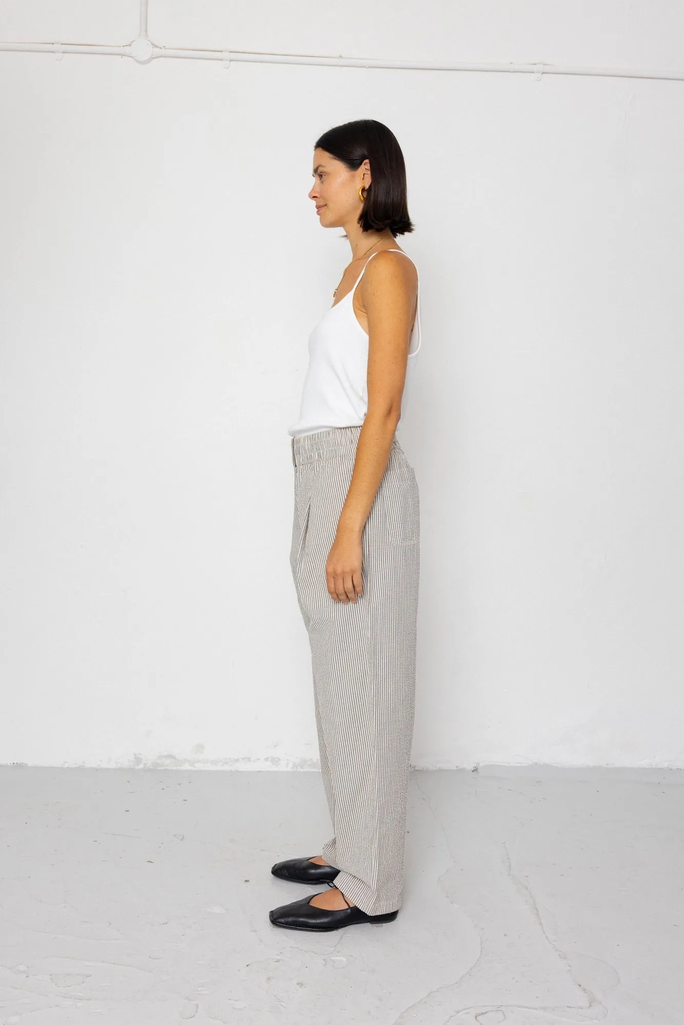 Drawcord Baggy Pants - Ecru Grey Stripe Seersucker sold by Folk product image thumbnail 5