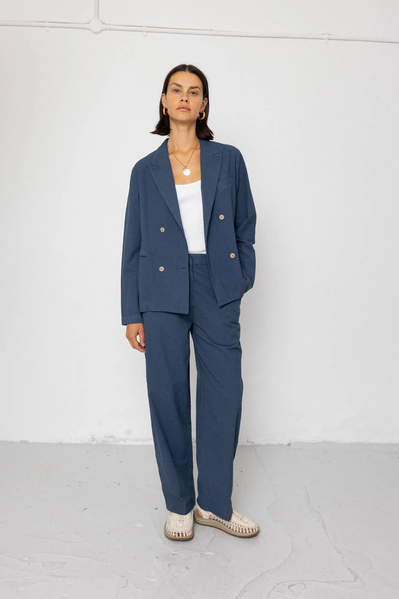 Suit Trousers - Soft Indigo Overdyed Stripe sold by Folk