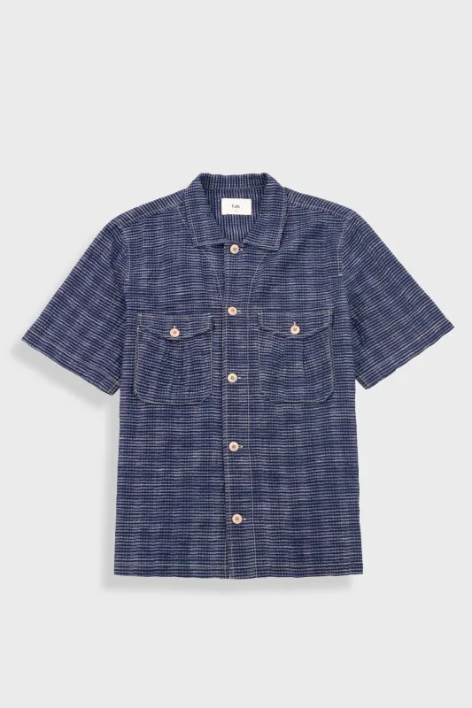 Short Sleeve Revere Shirt - Navy Textured Stripe made by Folk