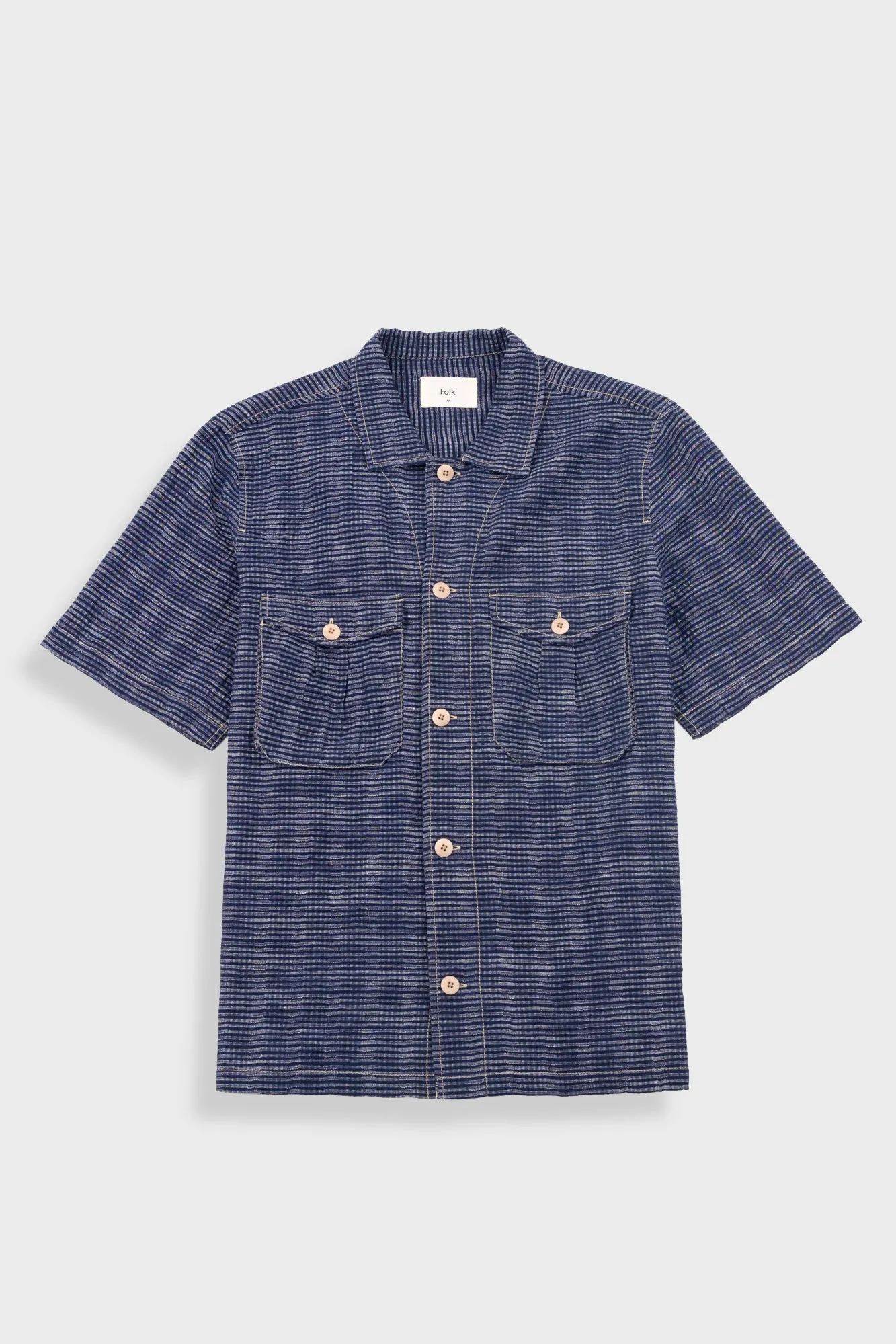 Short Sleeve Revere Shirt - Navy Textured Stripe sold by Folk