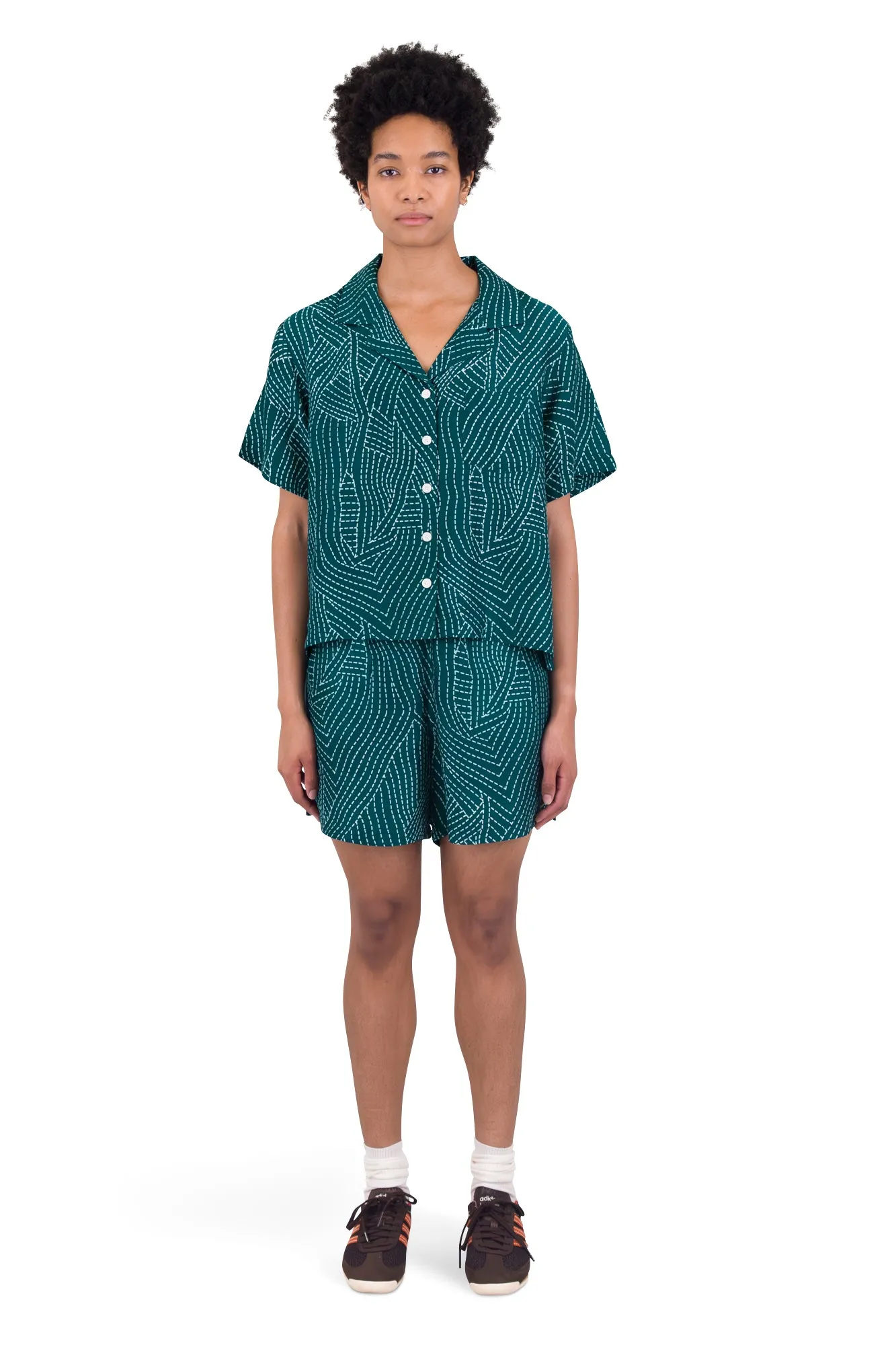 Short Sleeve Soft Collar Shirt - Vintage Green Stitch Print sold by Folk product image thumbnail 2