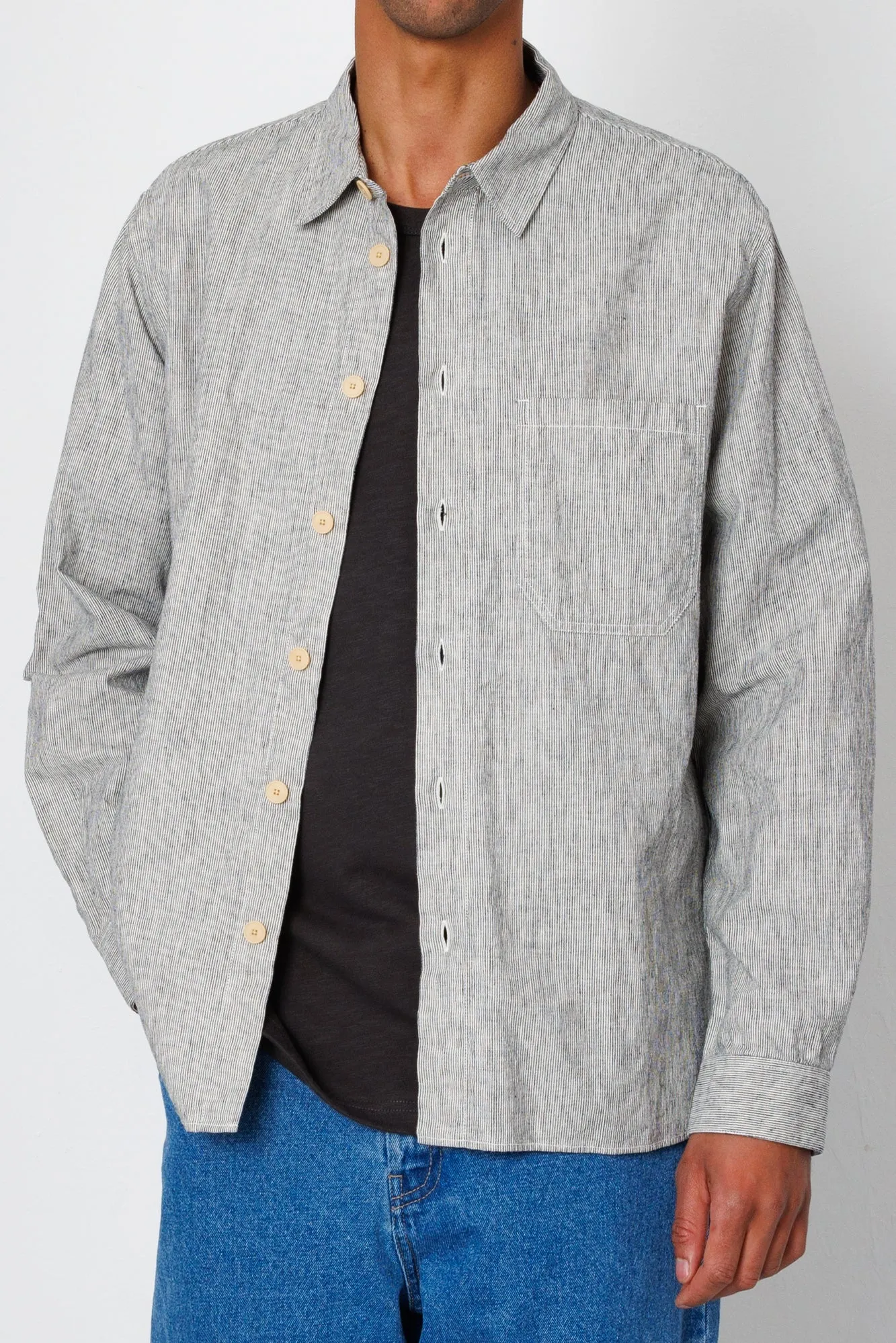 Easy Fit Shirt - Black Linen Stripe sold by Folk product image thumbnail 4
