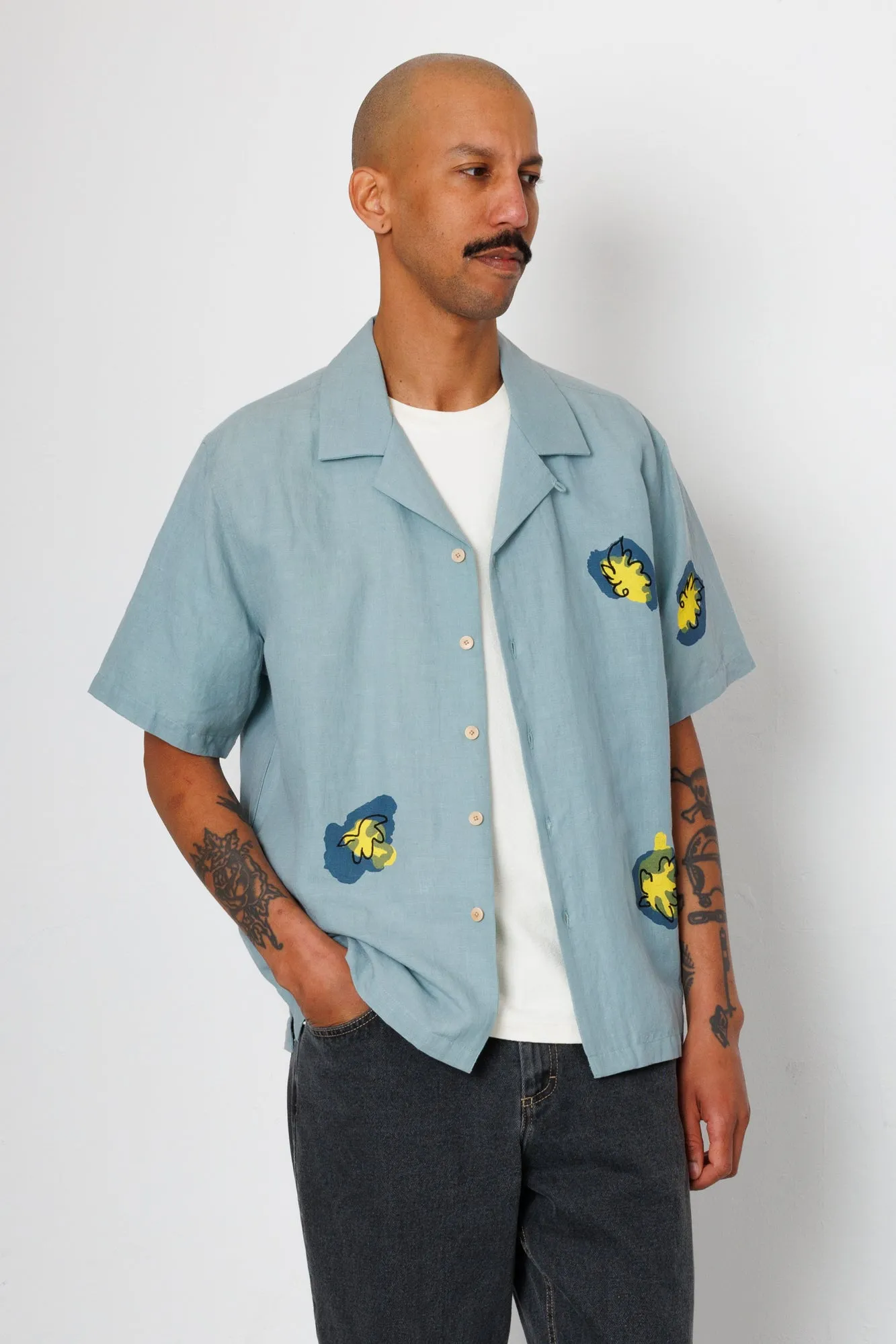 Relaxed Soft Collar Shirt - Blue Embroidered Flower | Folk x Goss Brothers sold by Folk product image thumbnail 3