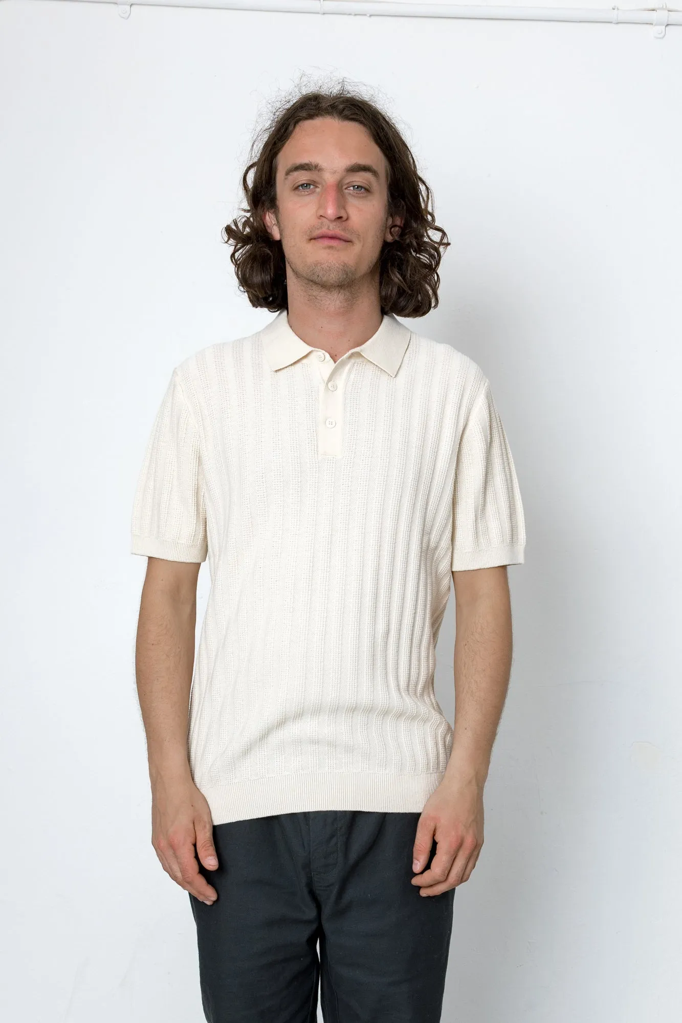 Willow Short Sleeve Knit Polo - Ecru sold by Folk