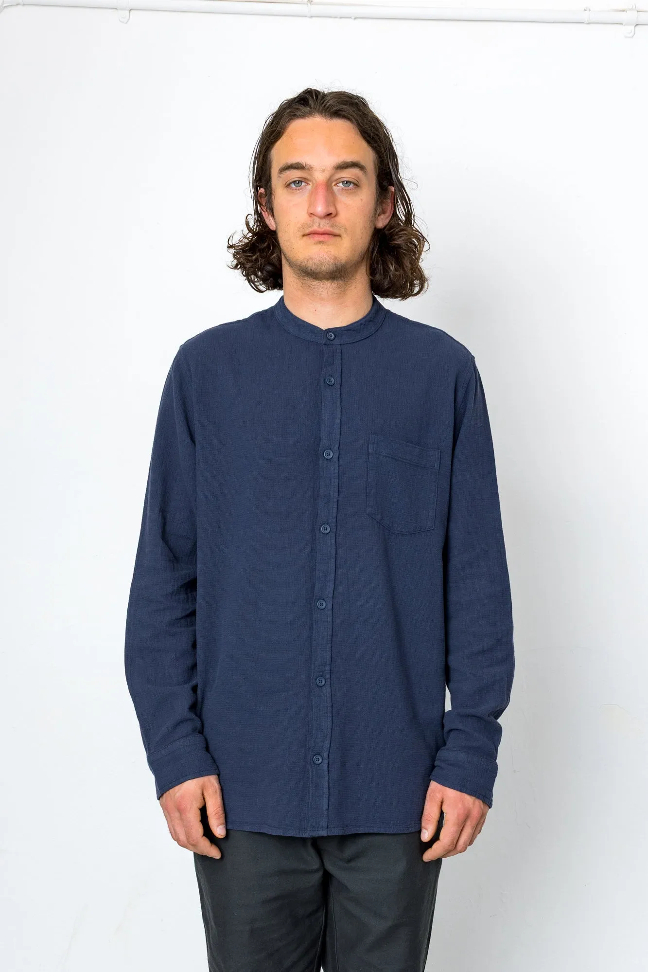 Bright Long Sleeve Grandad Shirt - Navy sold by Folk