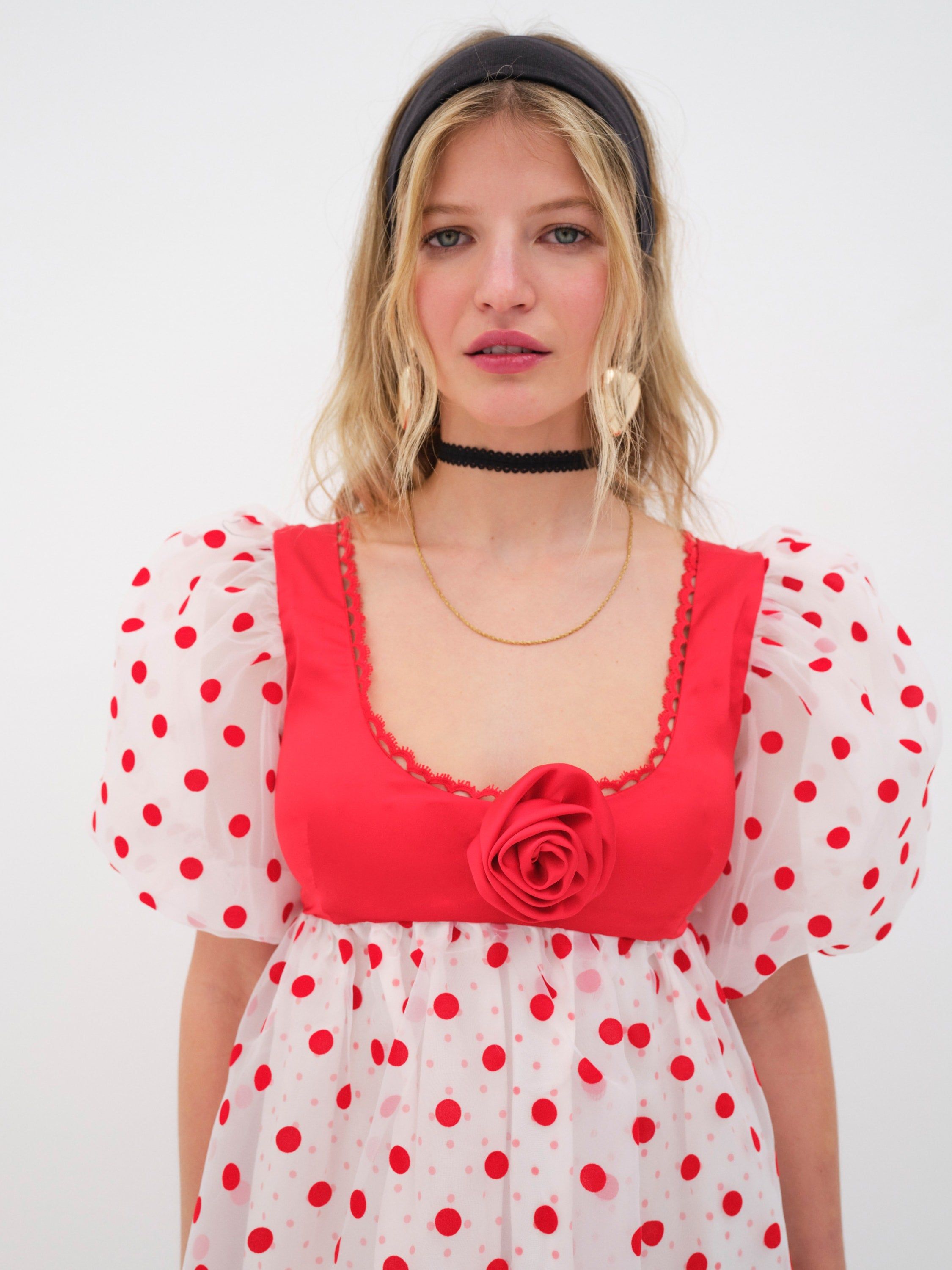 retro dress red roses polka dots Retro Chic Red Polka Dot Tattoo Print Collared A-Line Dress Skull Rose 24