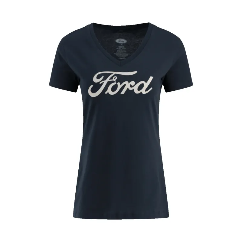 Ford Script Logo Navy Blue Womens V Neck T-Shirt sold by Ford