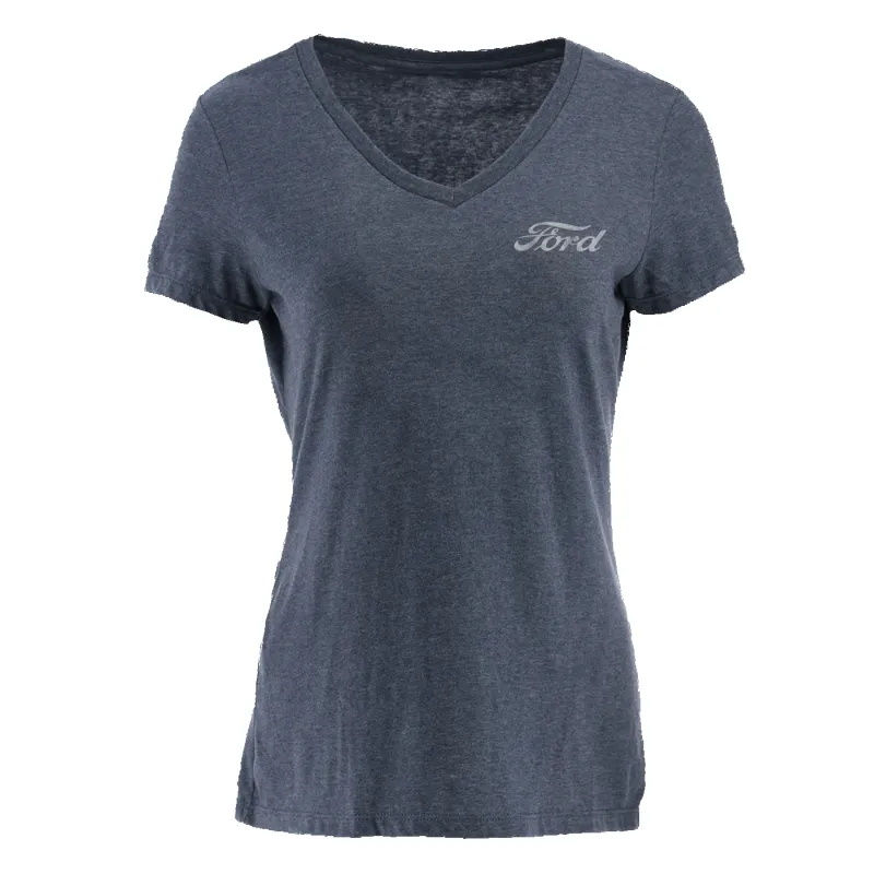 Ford Womens Vintage Logo Born in Detroit Dark Blue V Neck T-Shirt sold by Ford