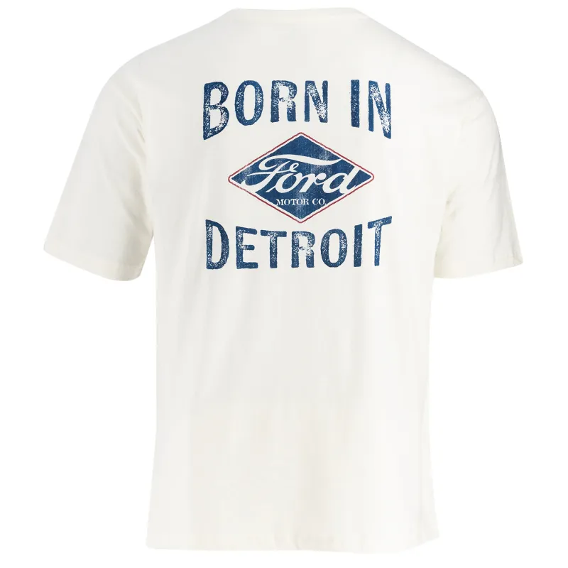 Ford Vintage Logo Born in Detroit Cream Mens TShirt sold by Ford
