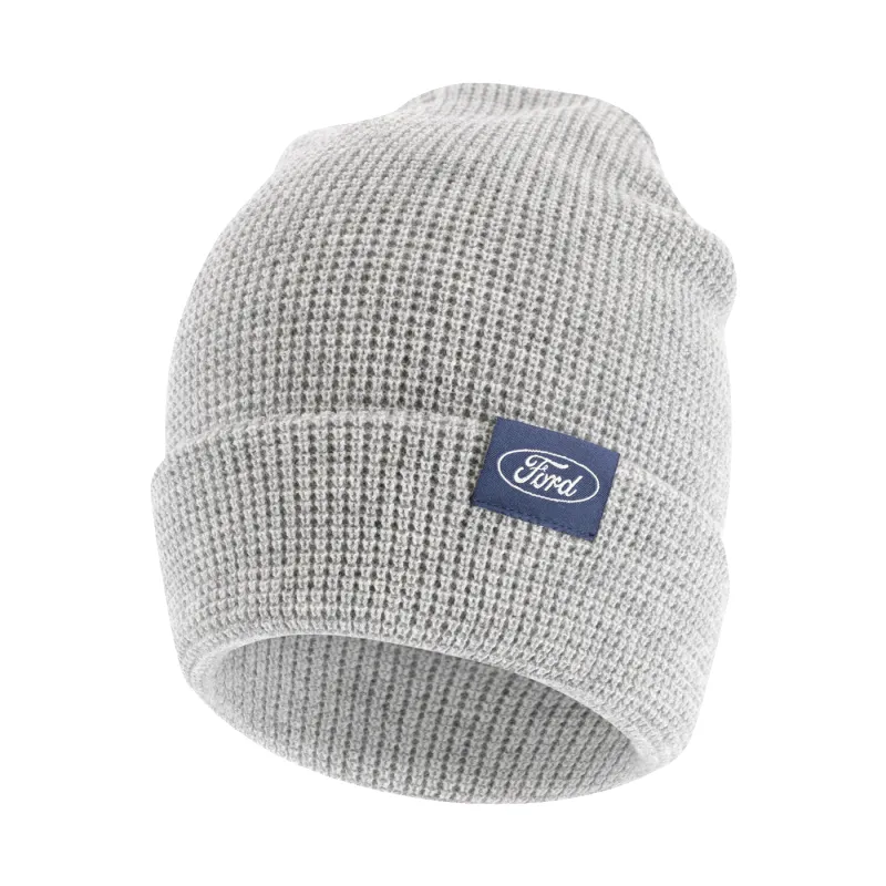 Ford Oval Light Gray Waffle Knit Beanie Hat made by Ford