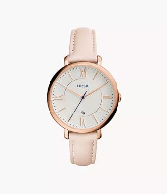 Jacqueline Three-Hand Date Blush Leather Watch sold by Fossil