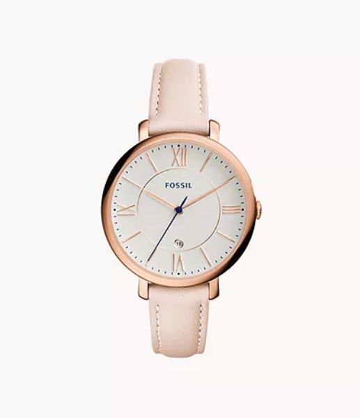Jacqueline Three-Hand Date Blush Leather Watch sold by Fossil