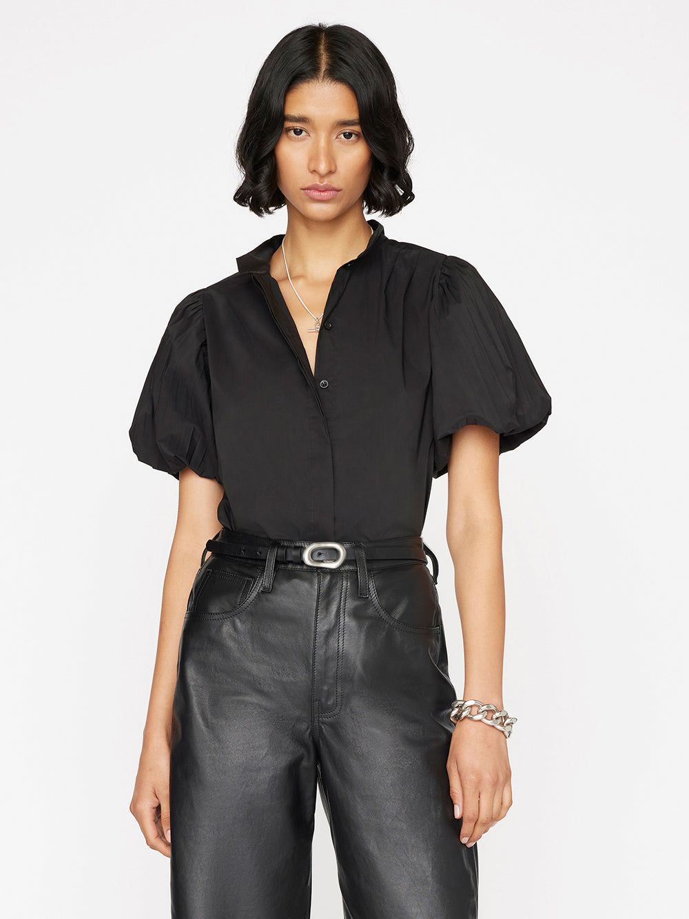 Pleated Puff Sleeve Top -- Noir sold by Frame Denim