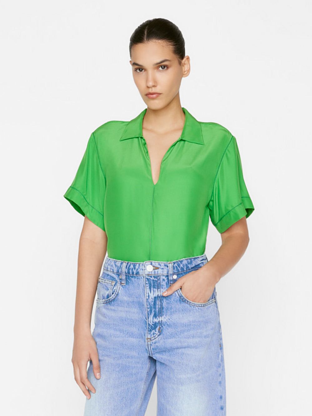 V-Neck Ladder Stitch Popover -- Bright Peridot sold by Frame Denim