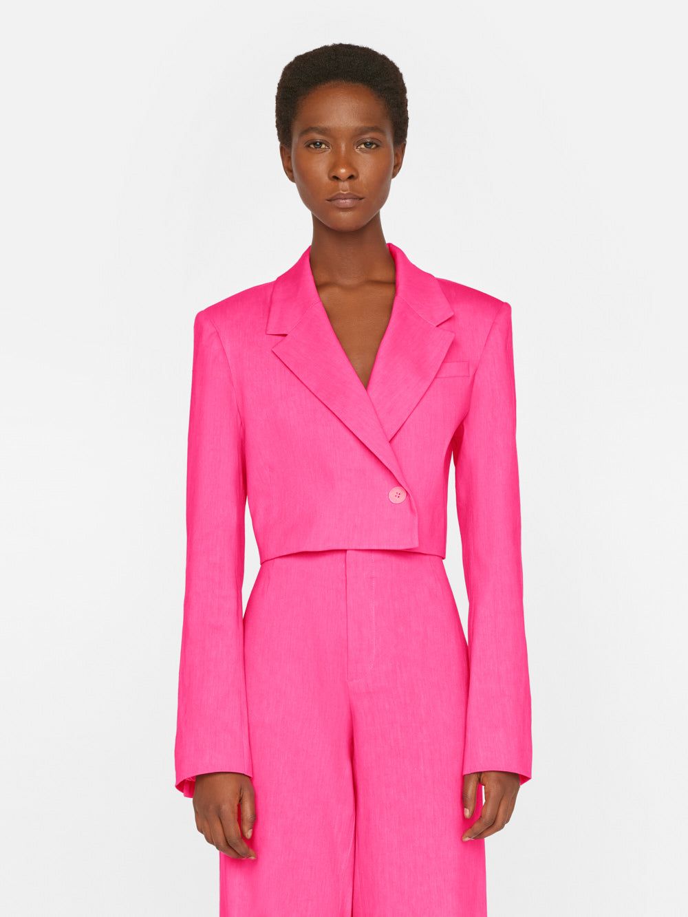Cropped Strong Shoulder Blazer -- Flamingo sold by Frame Denim