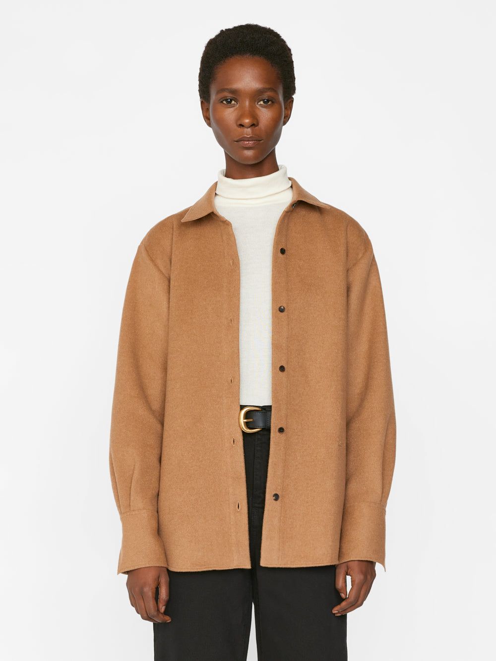 The Oversized Shirt Jacket -- Light Camel sold by Frame Denim