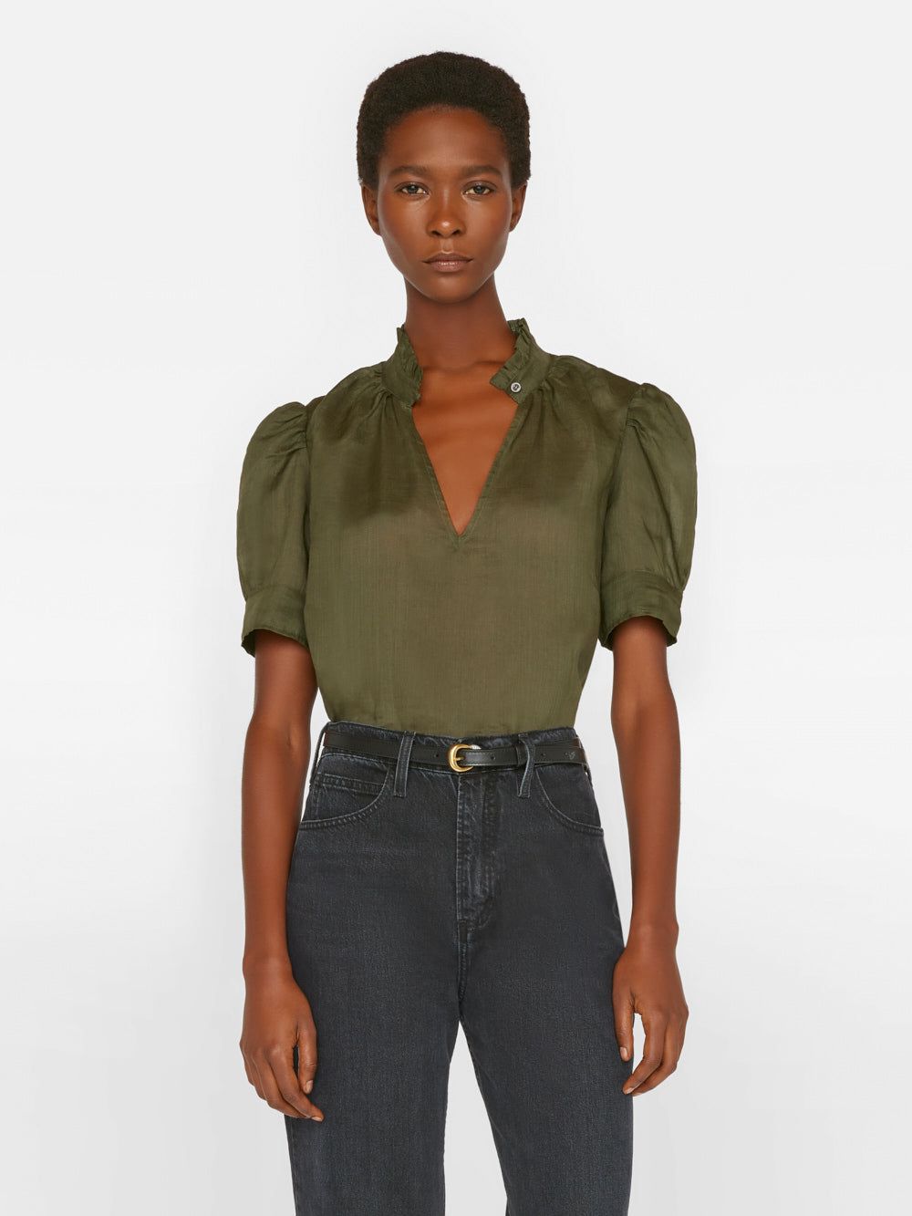 Deep V Ruffle Collar Top -- Fatigue sold by Frame Denim