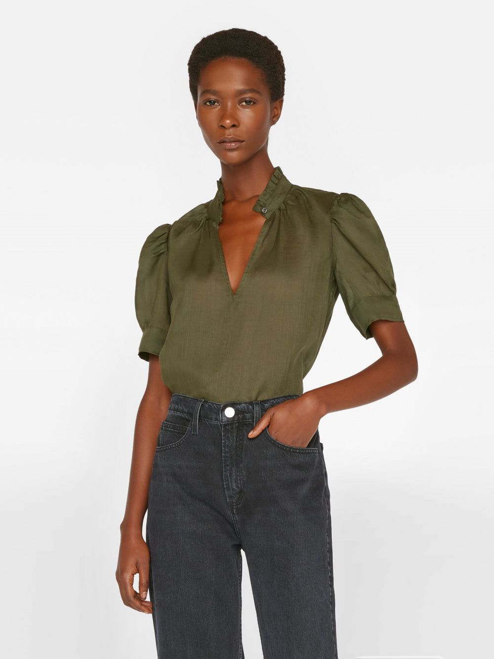 Deep V Ruffle Collar Top -- Fatigue sold by Frame Denim product image thumbnail 9