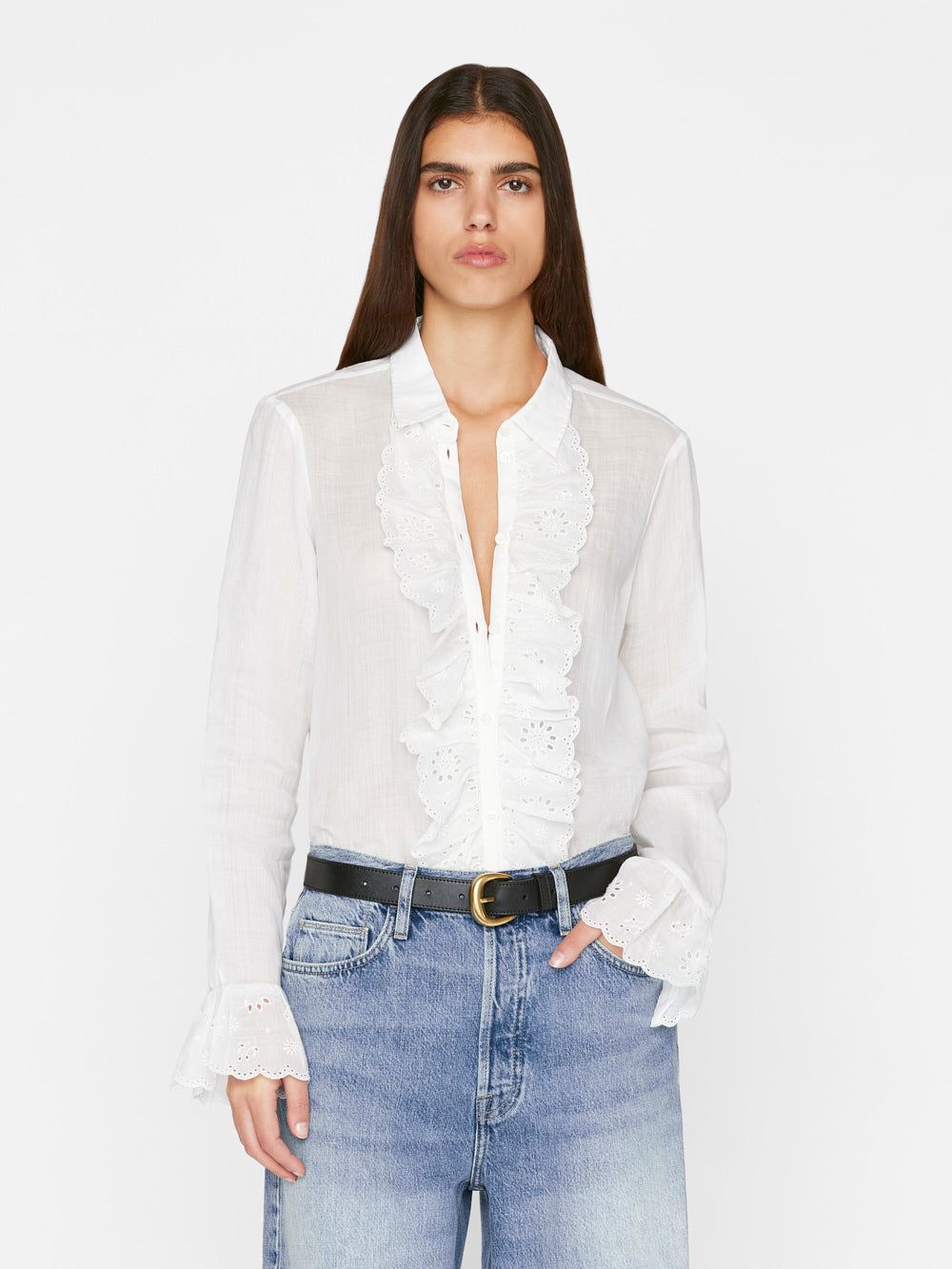 Ruffle Front Button Down Blouse -- Blanc sold by Frame Denim
