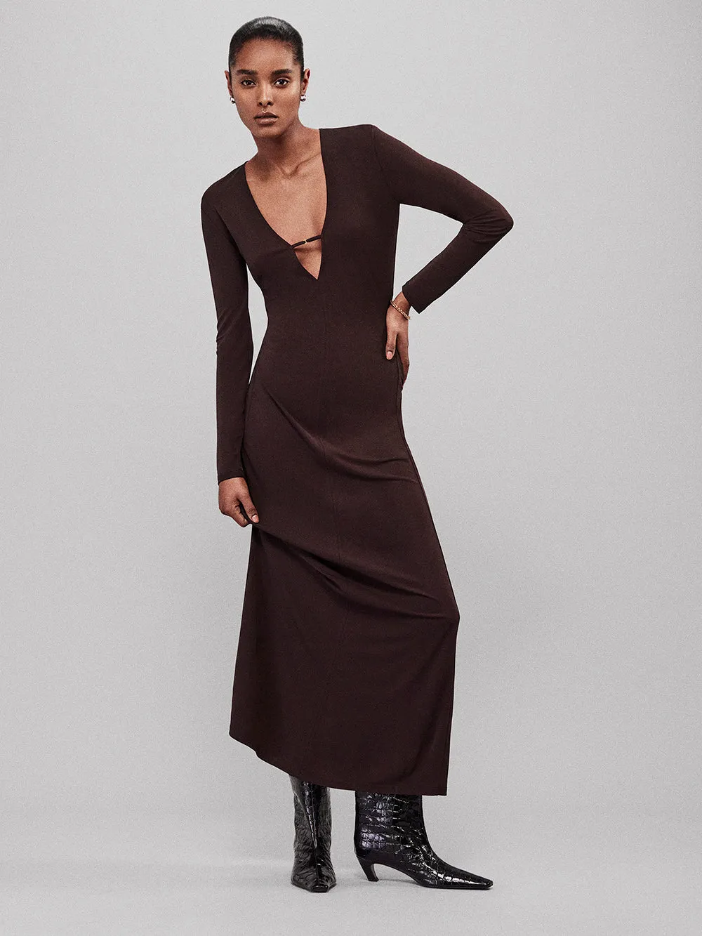 Deep V Jersey Dress -- Chocolate Brown sold by Frame Denim product image thumbnail 2