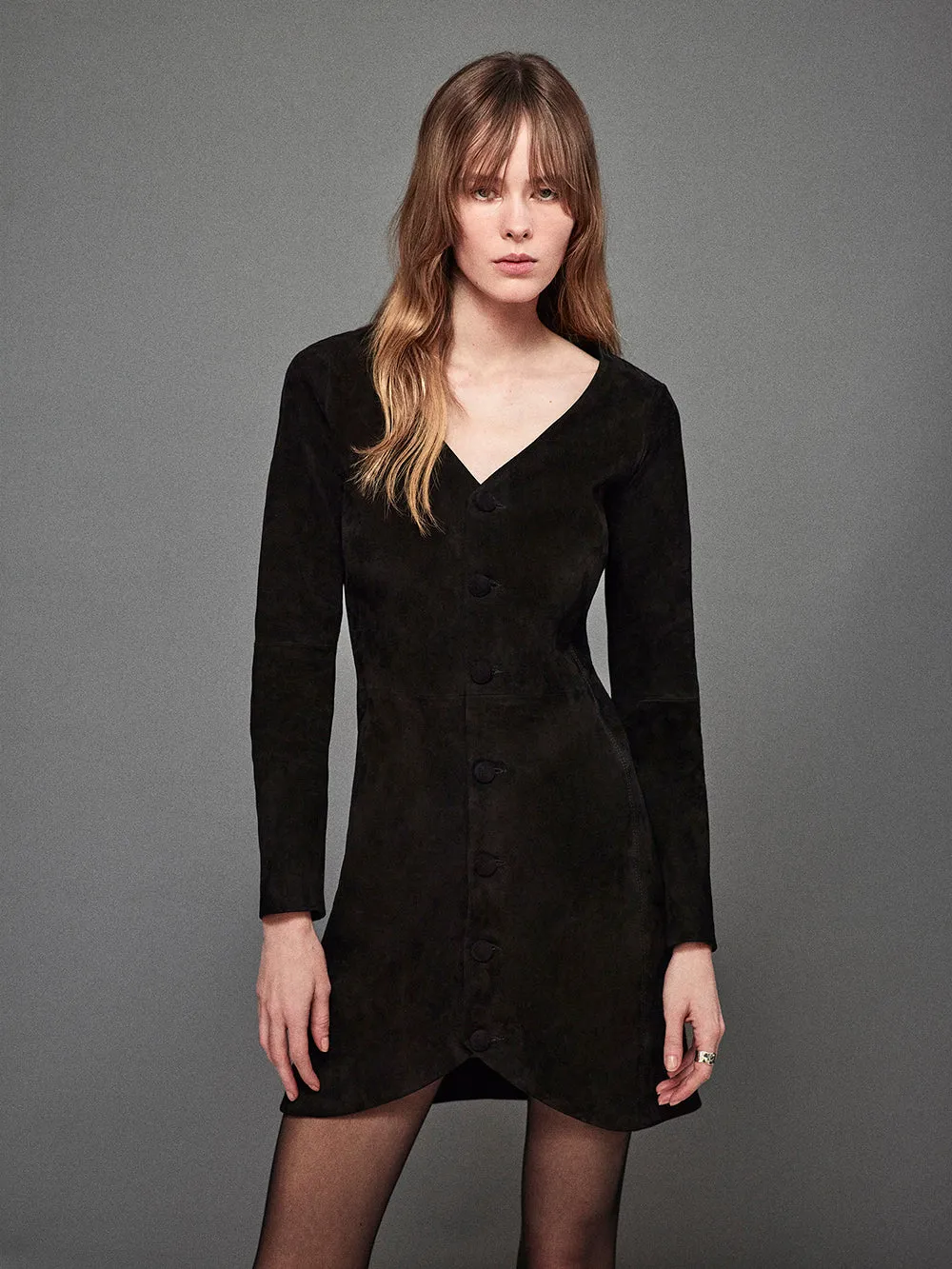 Suede Button Front Mini Dress -- Black sold by Frame Denim product image thumbnail 2