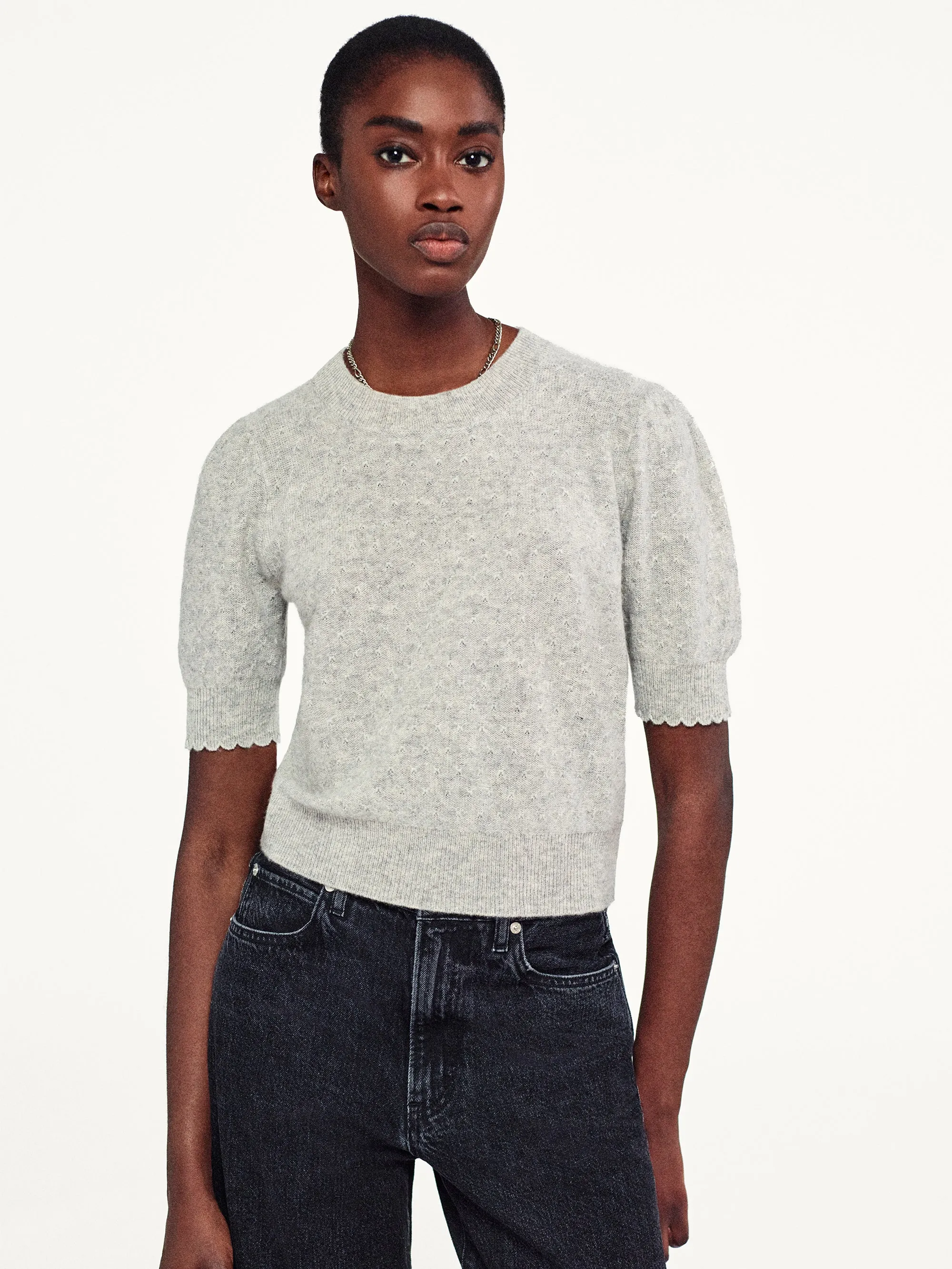 Pointelle Puff Sleeve Sweater -- Light Heather Grey sold by Frame Denim product image thumbnail 2