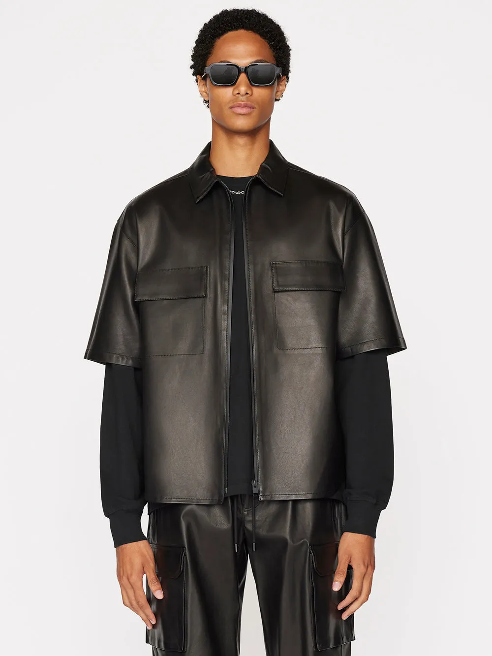 Relaxed Short Sleeve Leather Shirt -- Noir sold by Frame Denim product image thumbnail 3