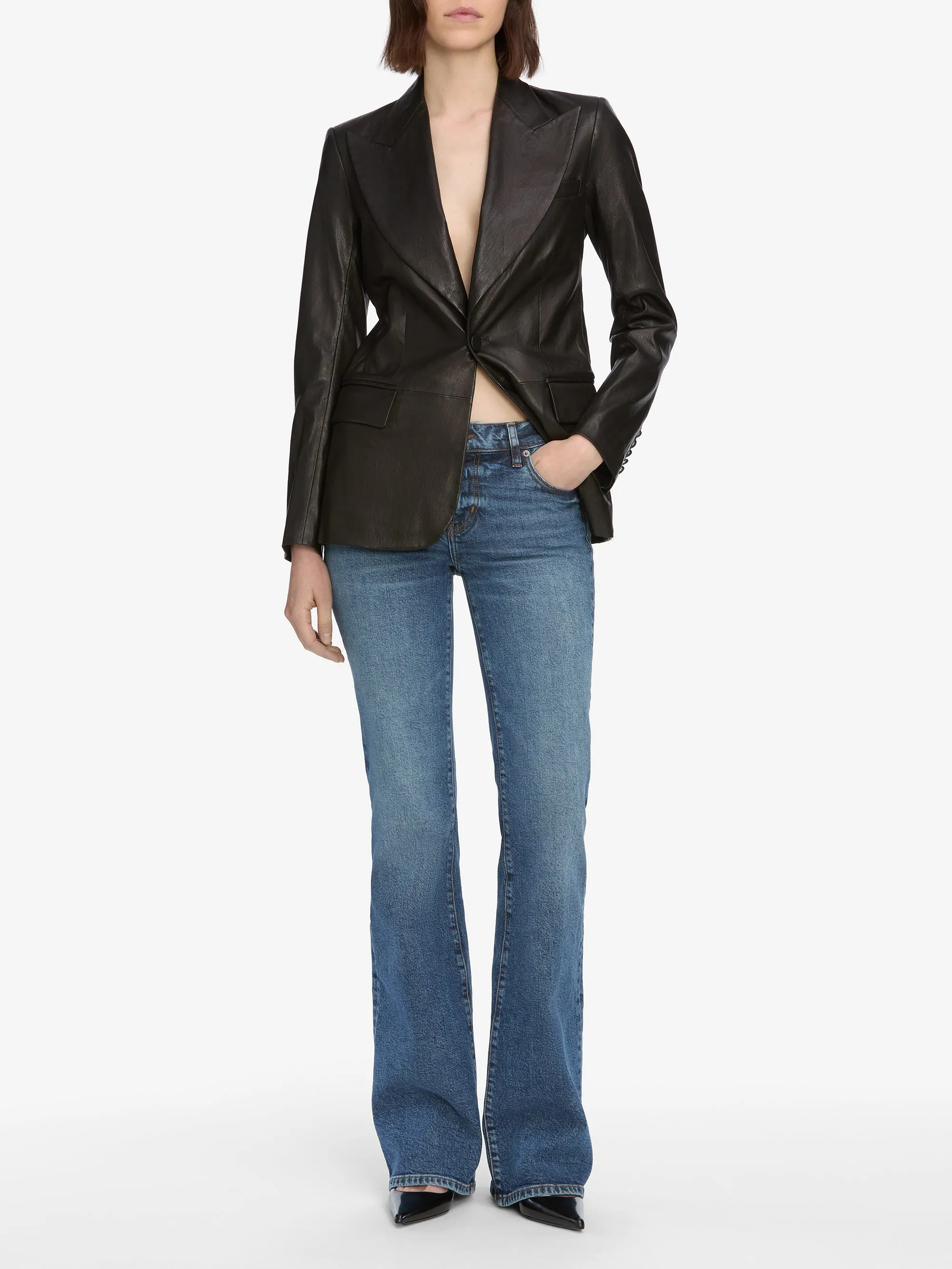 The Peak Lapel Leather Blazer -- Black sold by Frame Denim product image thumbnail 2