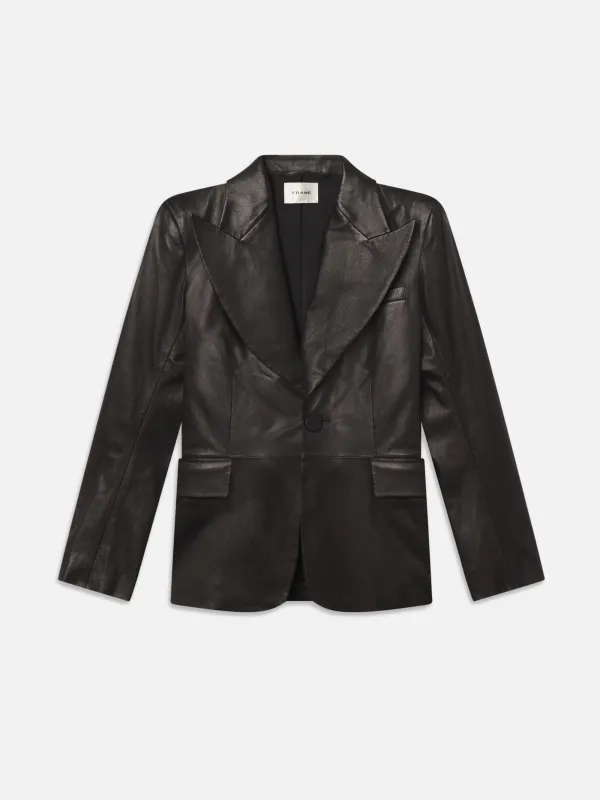 The Peak Lapel Leather Blazer -- Black sold by Frame Denim