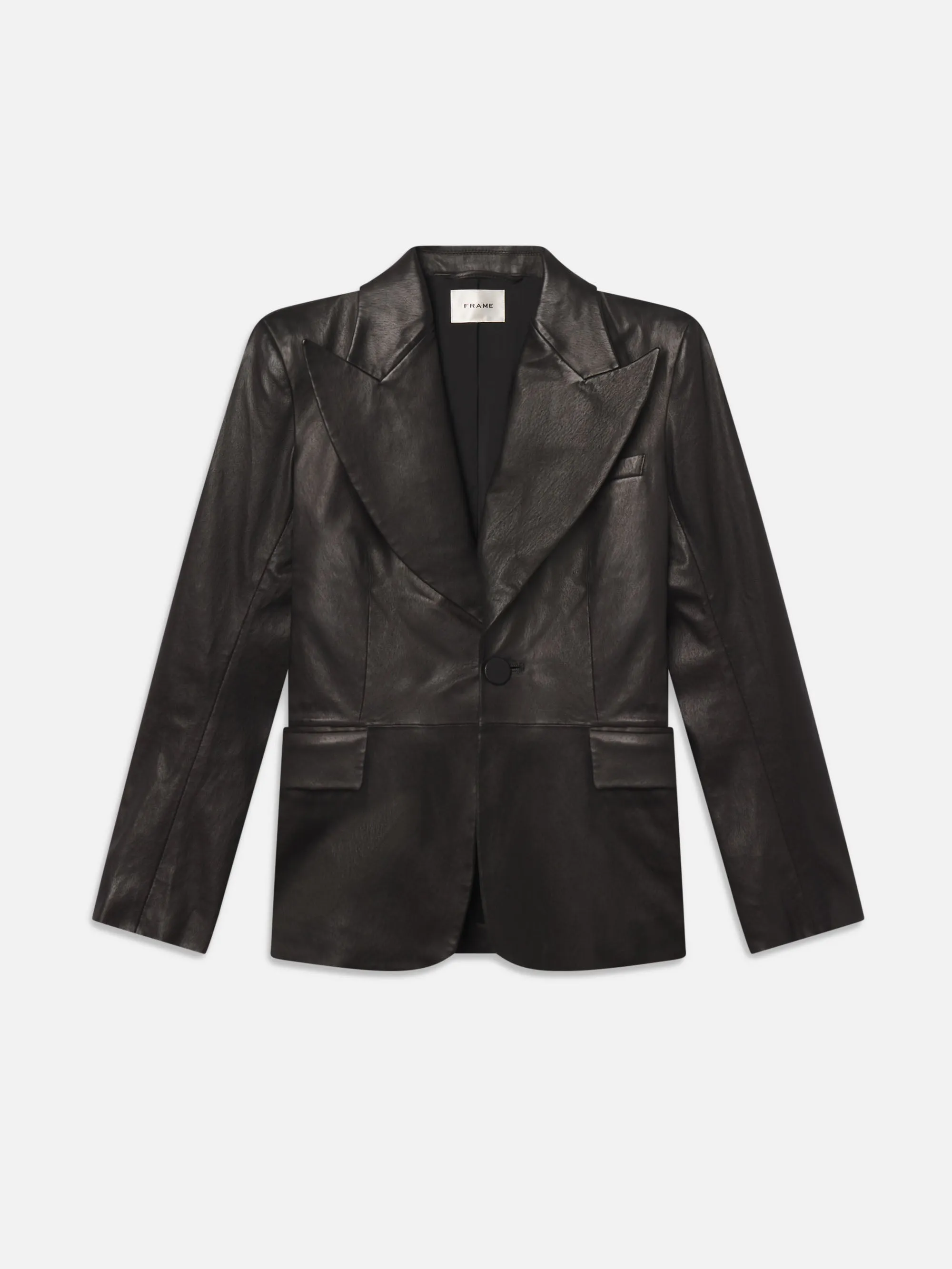 The Peak Lapel Leather Blazer -- Black sold by Frame Denim