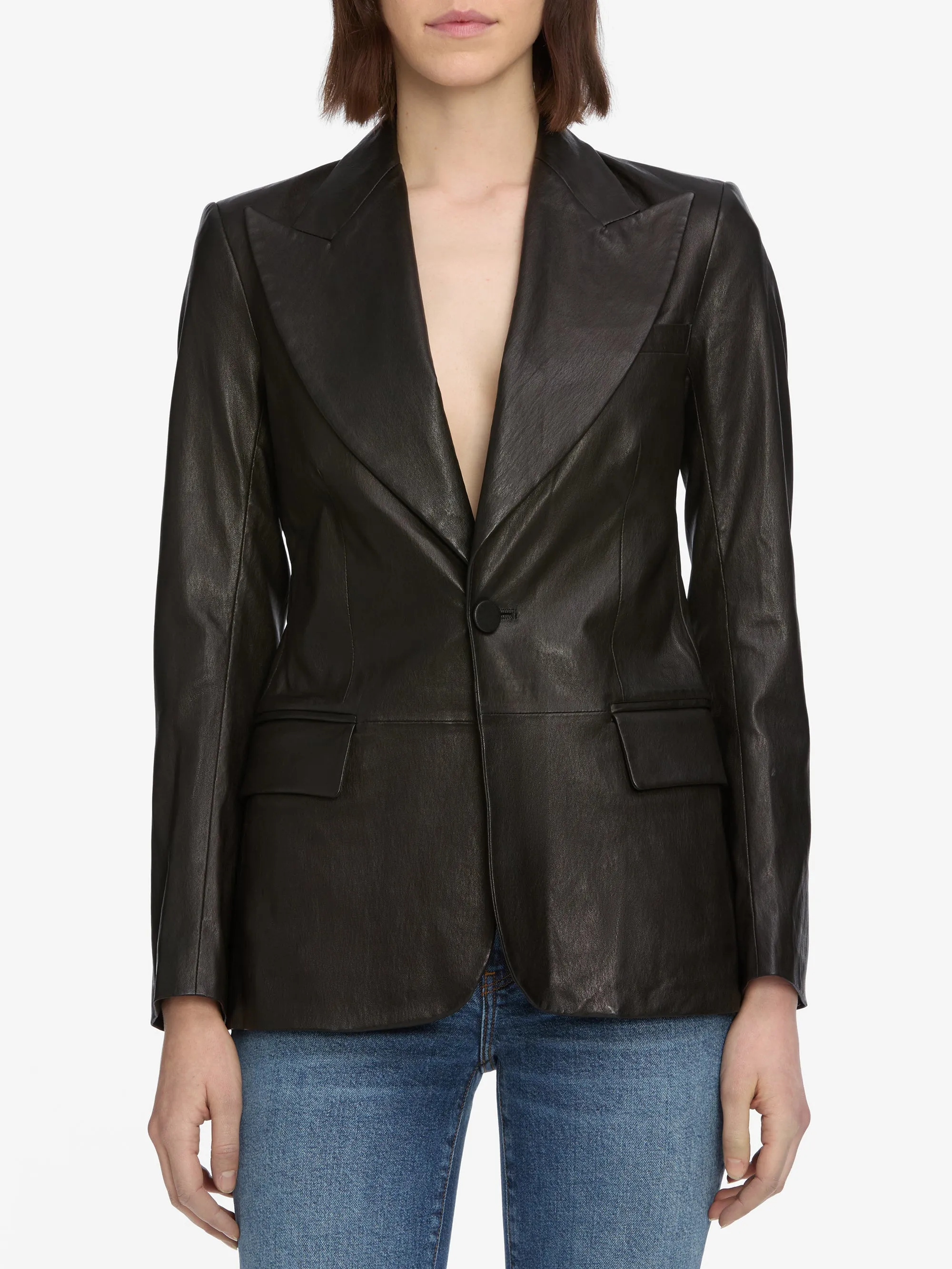 The Peak Lapel Leather Blazer -- Black sold by Frame Denim product image thumbnail 3