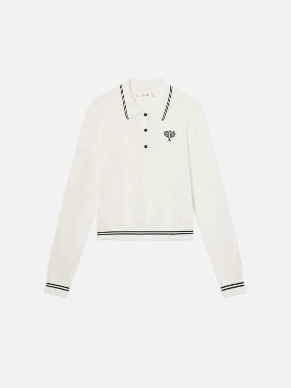 The Long Sleeve Tennis Polo -- White sold by Frame Denim