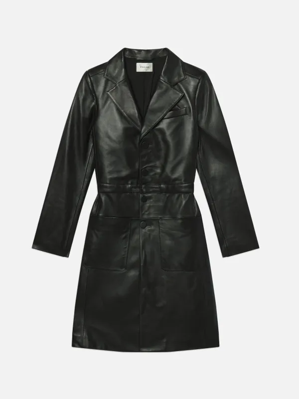 The Long Leather Belted Jacket -- Black sold by Frame Denim