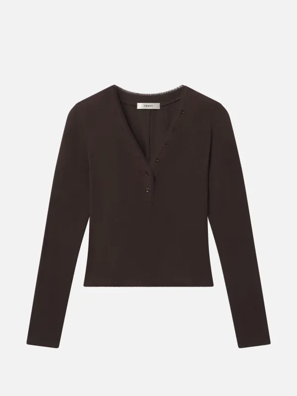 The Mesh Trim Rib Henley -- Coffee sold by Frame Denim