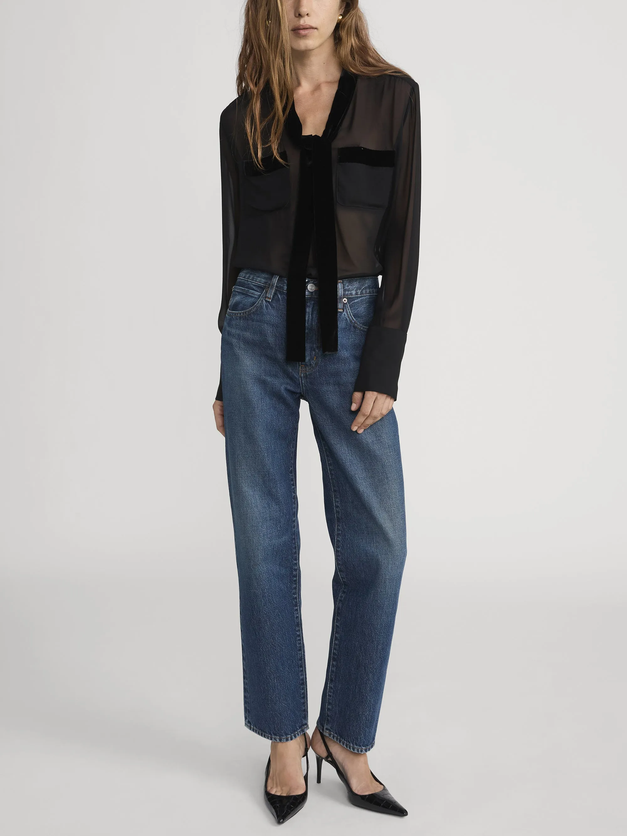 Velvet Trim Modern Tie Blouse -- Black sold by Frame Denim product image thumbnail 2